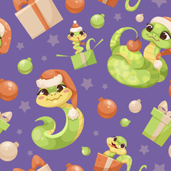 Cartoon snakes with Santa hats among gifts and ornaments on a purple background. Christmas holiday concept. Vector illustration