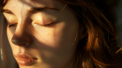 Peaceful face bathed in warm sunlight, eyes closed, reflecting tranquil thoughts in a moment of pure tranquility.