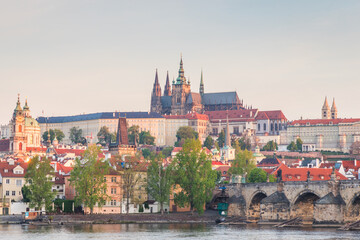 Naklejka premium Prague Castle with Vltava river at sunrise, Prague, Czech Republic, Europe.