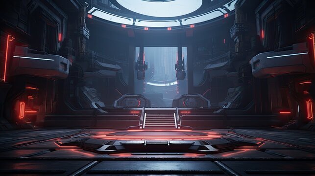 The sci-fi interior of a spaceship with a large central platform and a staircase leading up to it.