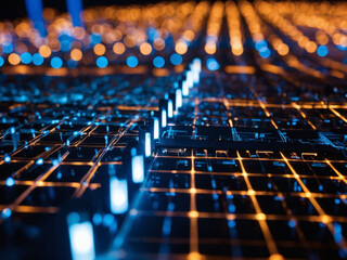 Illuminated tech grid with pulsing lights, symbolizing advanced digital infrastructure.