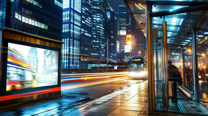 A late-night city street with glowing advertisements, bustling traffic, and blurred movement, reflecting the vibrant urban life.