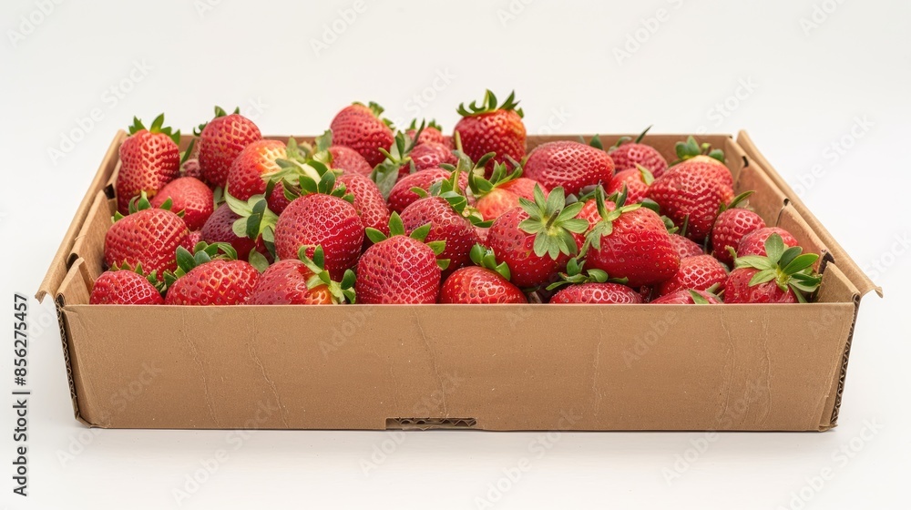 Poster a detailed image of a rectangular box made of cardboard containing fresh red strawberries set agains