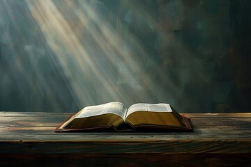 Open Bible on a wood table with light coming from above.  Church concept. 