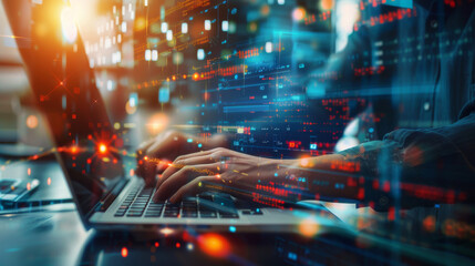 Hands of a coder typing on a laptop with floating code and data projections in a futuristic, technology-focused environment.