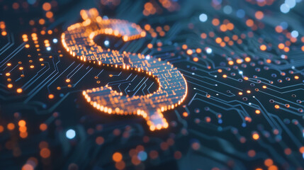 A glowing dollar sign made of electronic circuitry symbolizes the connection between finance and technology in the digital age. - Powered by Adobe