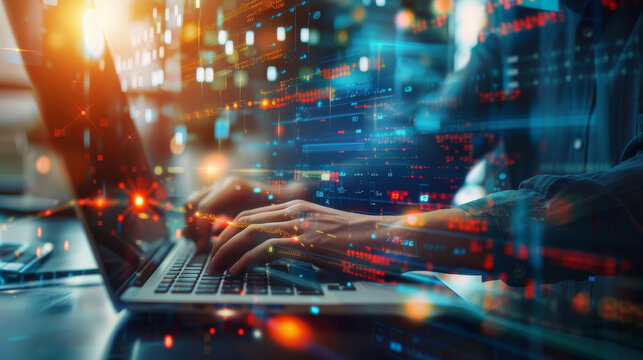 Hands of a coder typing on a laptop with floating code and data projections in a futuristic, technology-focused environment.
