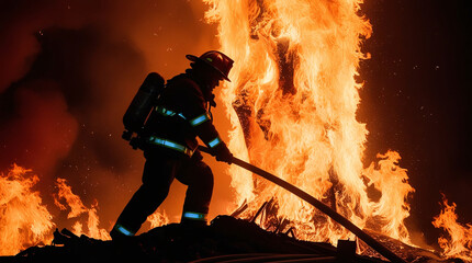 Obraz premium firefighter stands in front of a blazing fire at night, silhouetted against the intense flames