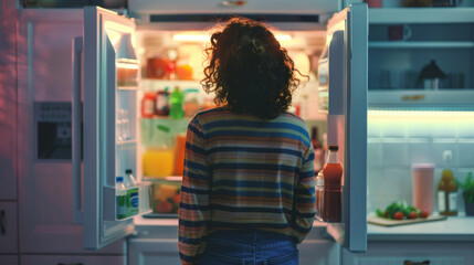 A woman stands in front of an open refrigerator, its contents glowing under the fridge light, creating a moment of midnight snack contemplation.