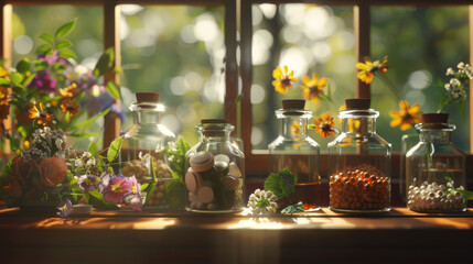 Glass jars with herbs, pills, and flowers adorn a sunlit windowsill, exuding a tranquil and natural vibe.