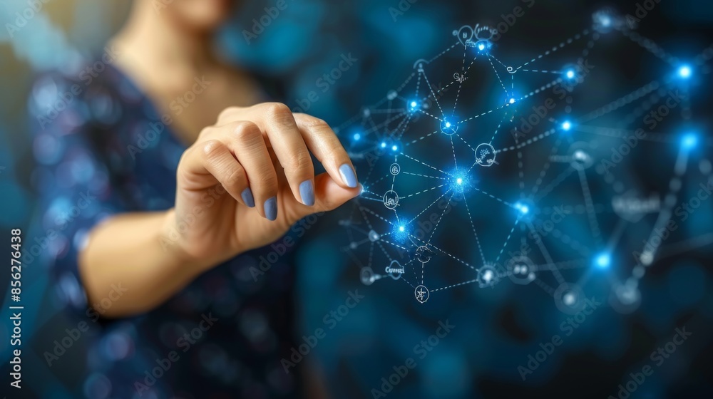 Aufkleber virtual connection illustrate a womans finger tapping on a virtual screen, with digital data and gra