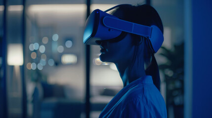 A close-up side profile of a person wearing a VR headset, absorbed in a digital world under the ambient blue lighting of a modern living room.