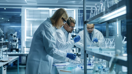 Scientists in lab coats and safety glasses meticulously conduct experiments in a high-tech laboratory.