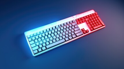 Futuristic backlit gaming keyboard with red and blue glowing keys.