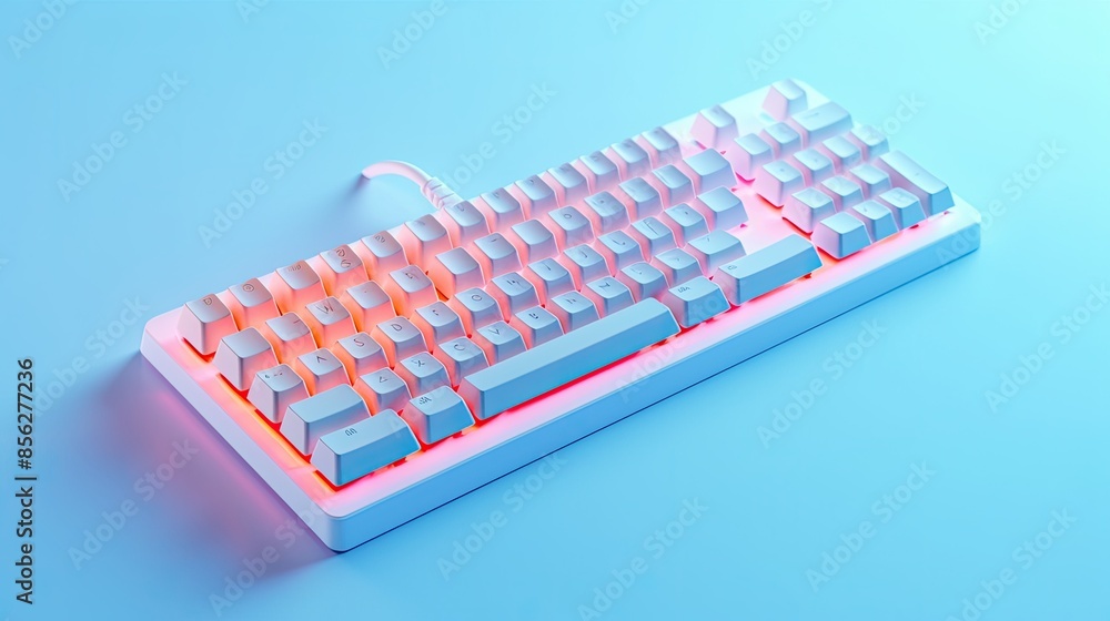 Poster white backlit keyboard on a blue background. the keyboard is illuminated with red and orange light.