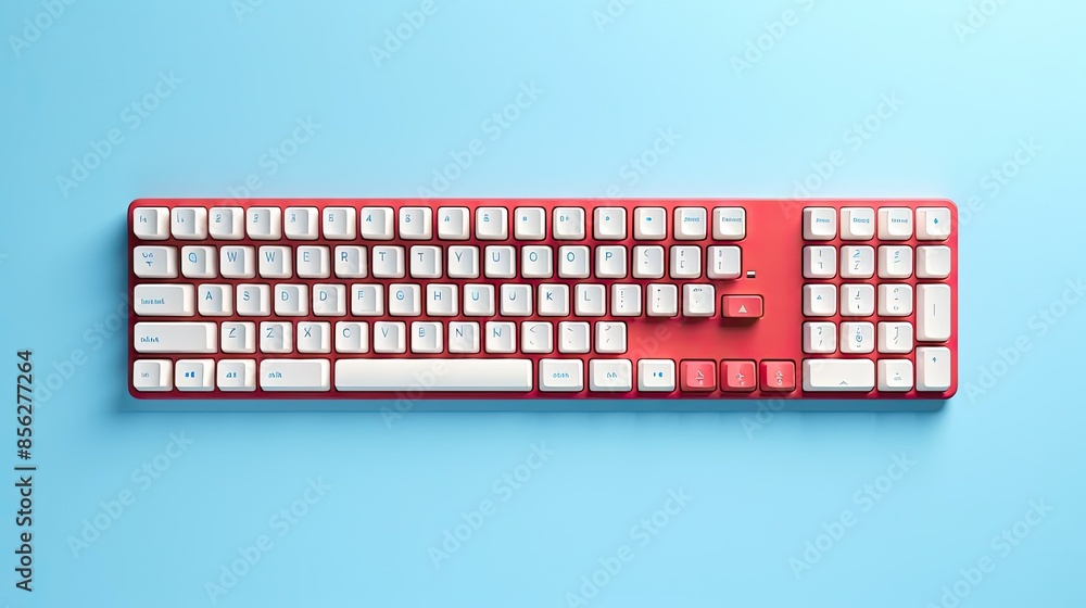 Poster red and white mechanical keyboard on a blue background. the keyboard has a modern design with square