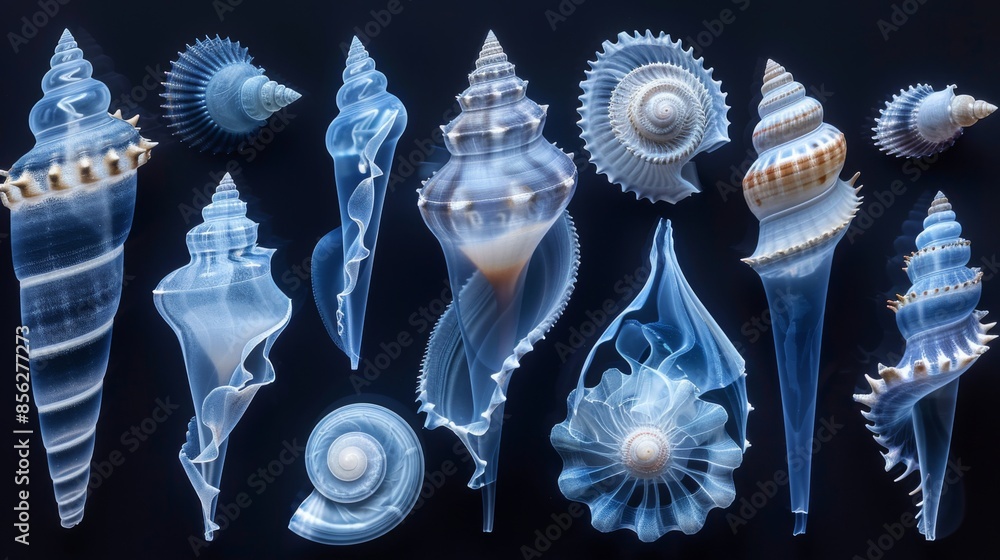 Poster x-ray scan of a collection of sea shells, showcasing the variety of shapes and sizes.