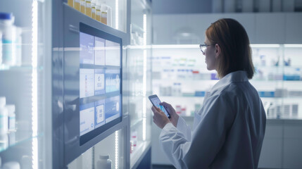 A researcher wearing a lab coat uses a mobile phone while monitoring data on a large digital screen in a well-organized laboratory.