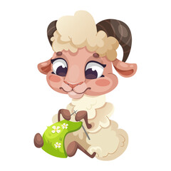 A cute cartoon sheep knitting, isolated on a white background. Concept of creativity and relaxation. Vector illustration