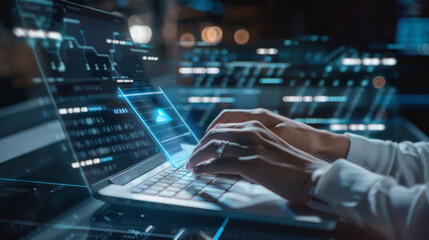 Hands typing on a laptop with digital icons floating, indicating a dynamic and futuristic work environment.