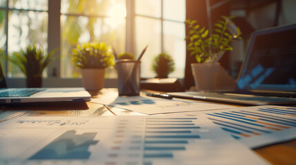 A sunlit workspace with charts, laptops, and potted plants, suggesting a productive and organized office environment.