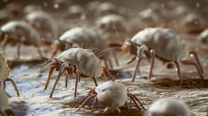 Detailed macro shot of tiny, spiked insects traversing a watery surface, highlighting the intricate details of their form.