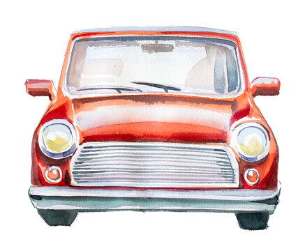 Old red car isolated on white. Watercolor vintage car clipart.