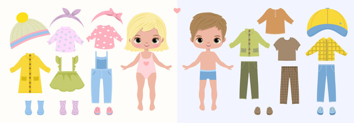 Paper doll clothes.Cute girl with clothes set, collection. Fashion girl, boy . Dress up stickers. Vector illustration. Baby doll, children, kids play, toy, game, activity. Cutouts, cut out. Funny
