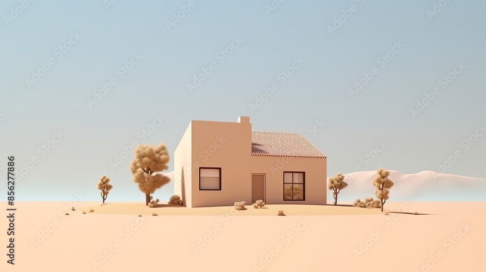 Poster small house in the middle of the desert with two trees in front and mountains in the background