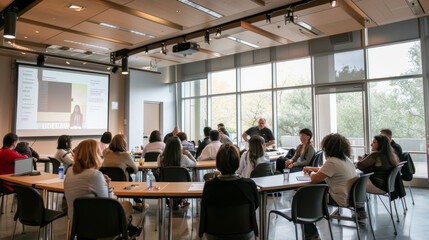 Attendees in a modern conference room engage in a lively discussion, illustrating collaboration and knowledge-sharing in a professional setting.