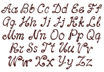 Uppercase and lowercase letters of the Latin alphabet made of melted chocolate, isolated on a white background