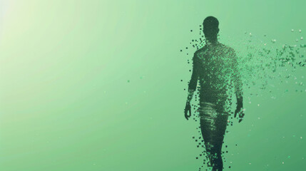 A human silhouette dissolves into digital particles against a gradient green background, symbolizing the fusion of humanity and technology.