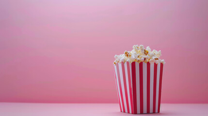 A classic red and white striped popcorn container filled with popcorn against a pink background, creating a fun and cheerful vibe for snack lovers.