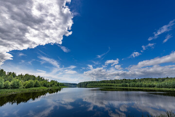 A calm lake with a blue sky in the background