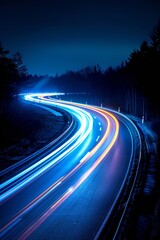 Light streaks from moving cars on curved road in black background - motion, urban nightscape, transportation
