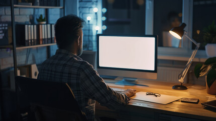 A man working late at night in a dimly lit home office, focused on his computer screen, surrounded by modern work essentials.