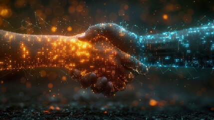 Digital handshake: two hands form a connection with glowing lights