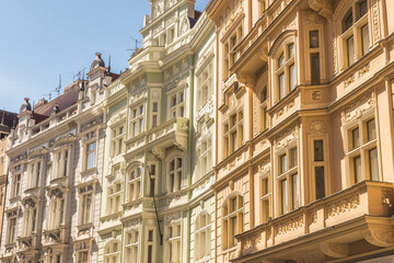 Facade of houses in old town of Prague, Czech Republic, Europe.