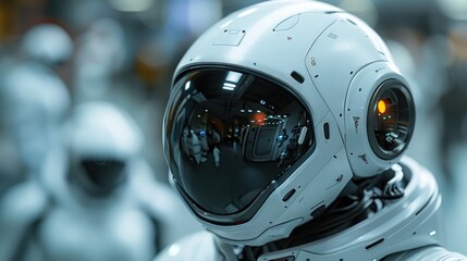 Fototapeta premium Futuristic white helmet with reflective visor and orange light