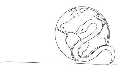Global snake one line continuous. snake and earth line art. Hand drawn vector art.