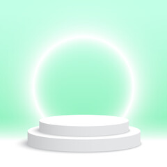 Blank white podium with glowing ring. Round pedestal. Cosmetic products display platform. 3d render stage. Exhibition stand. Vector illustration.