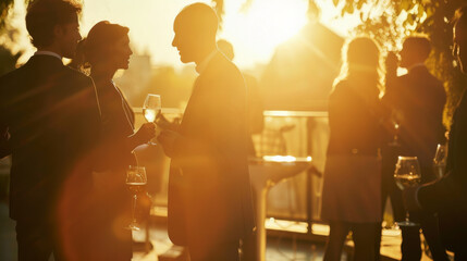 People gathered around a terrace bar, sharing drinks and conversations under the warm glow of a sunset.