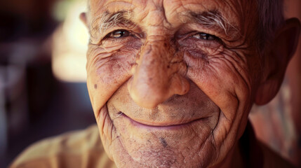 An elderly man&rsquo;s joyful smile emanates warmth and years of life experience, highlighted by the creases on his face.