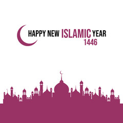 Happy New Islamic Year 1446 gift card and social media post design template. Editable EPS file with a mosque and Moon.