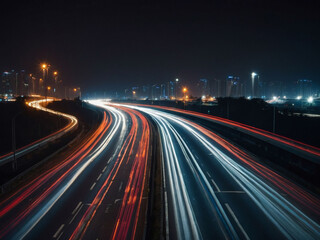 Long exposure photograph, night scene of highway.