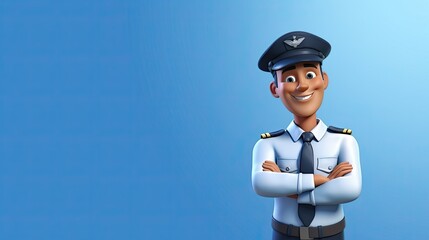 A 3D rendering of a cartoon pilot. He is wearing a white shirt, blue pants, and a black hat with a gold brim.