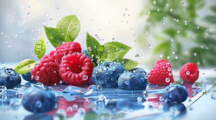 Fresh raspberries and blueberries are sprinkled with water droplets, highlighting their vibrant...