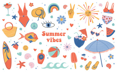70s style Summer set. Cute colorful beach vacations clipart. Retro elements collection of Summer sea holidays. Hand drawn flat style vector illustrations for stickers, textile, social media design.