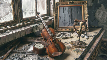 An old violin lies on an aged, dust-covered desk by a broken window in an abandoned room, surrounded by decaying objects and poignant memories of the past.