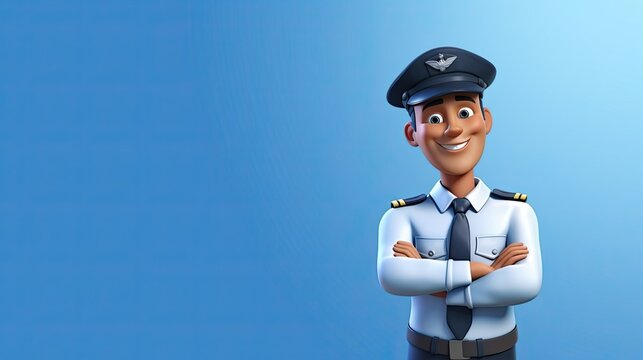 A 3D rendering of a cartoon pilot. He is wearing a white shirt, blue pants, and a black hat with a gold brim.